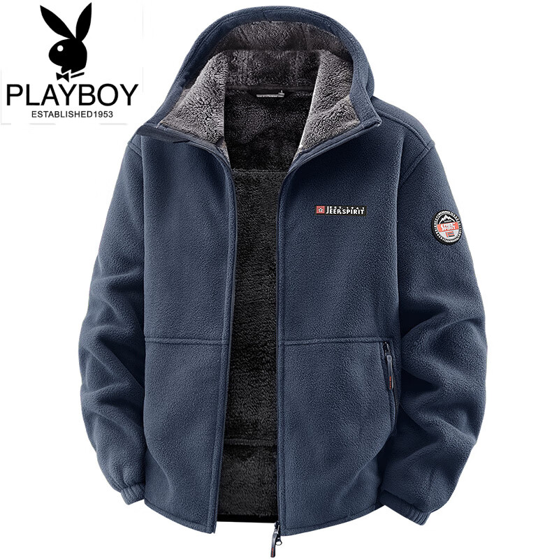 Playboy (PLAYBOY) Polar Fleece L Hooded Jacket Zipper Cardigan Men's Jacket Autumn and Winter Velvet Thickened Sports Fleece Warm Sweater Dark Blue Y710 Hooded Velvet 4XL (Recommended 175-190 catties)