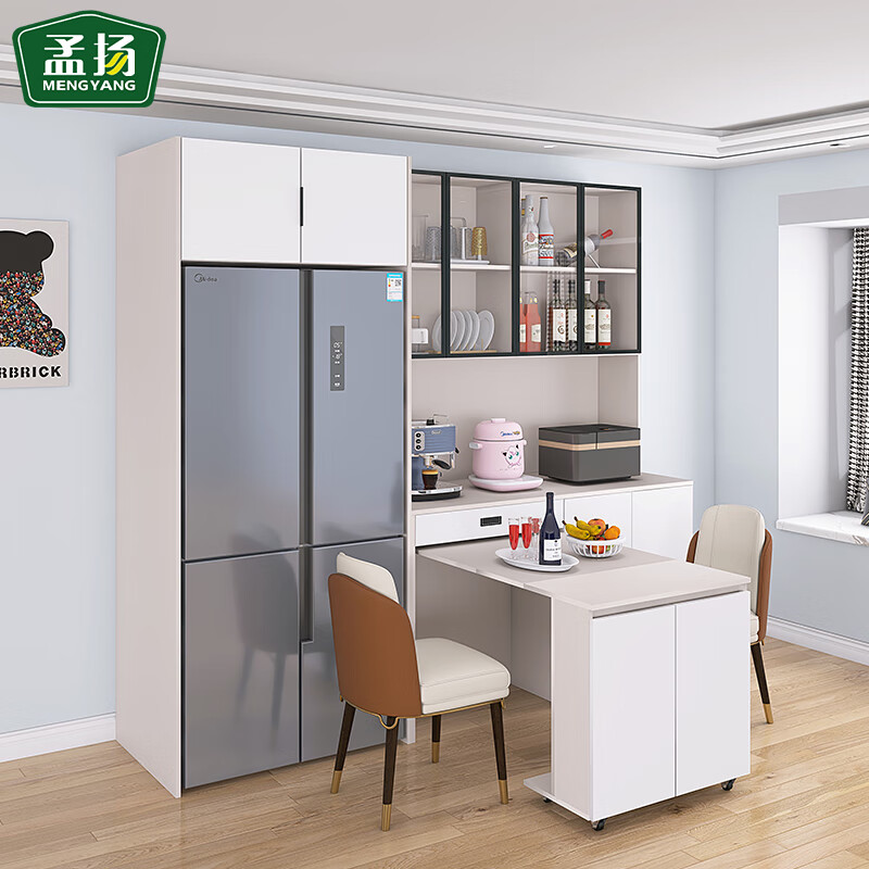 Mengyang sideboard and dining table integrated foldable living room household small apartment built-in refrigerator cabinet combination wall storage cabinet refrigerator cabinet + 4-door sideboard + folding dining table overall 18MM solid wood ecological board