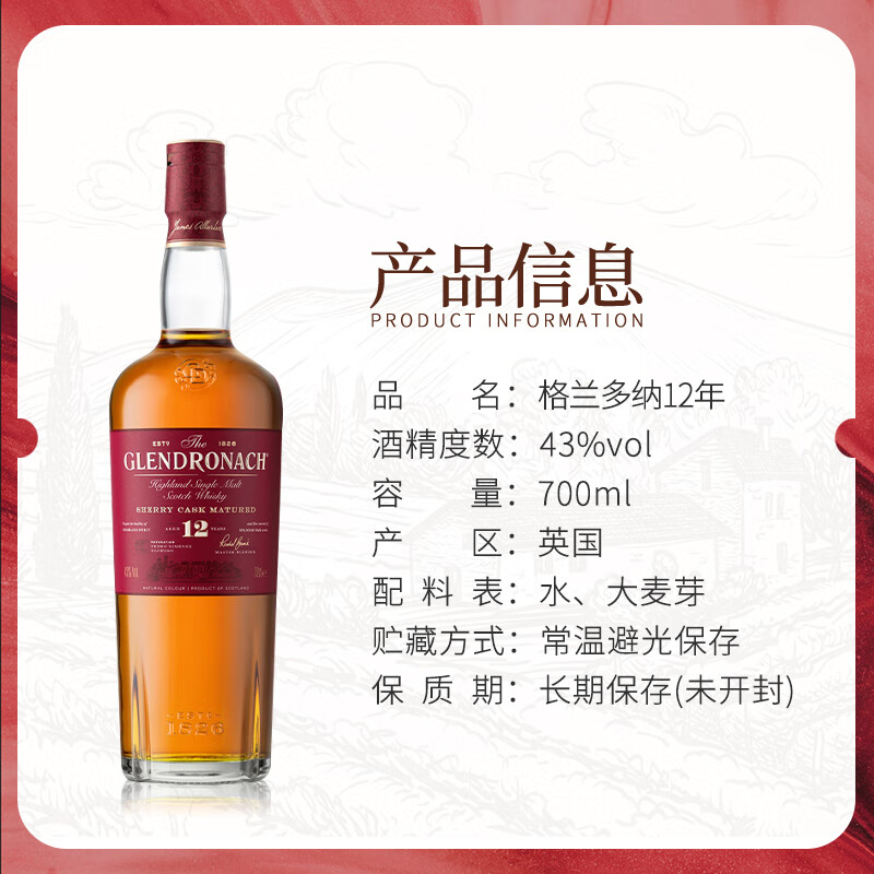 GLENDRONACH Scottish Single Malt Whiskey Highland Region 12 Years Sherry Barrel Non Chill Filtration New Year Gift Glendronach 12 Years 700ml