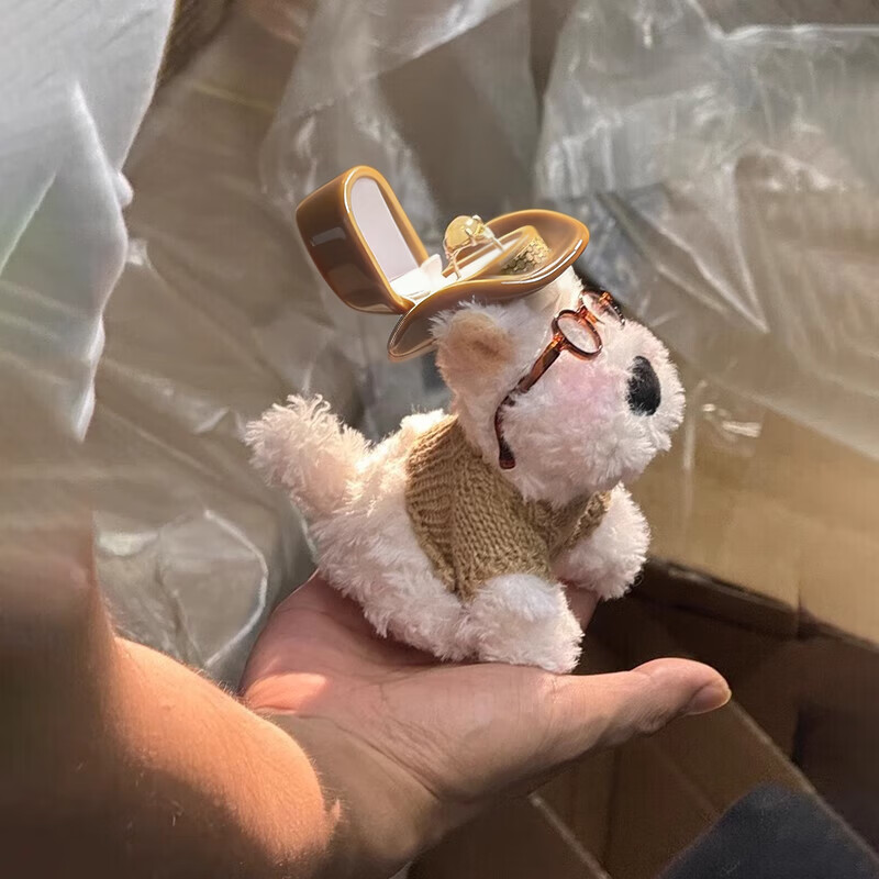 Tingzhi Hat West Highland Doll Ring Box Chinese Valentine's Day Confession Proposal Jewelry Box Surprise Gift Idea for Boyfriend and Girlfriend Puppy Ring Box Coffee Color