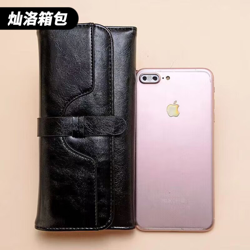 Ye Yu Ms. Wallet Long Oil Wax Leather Fashion Buckle Three-fold Solid Color Women's Multi-Card Slot Card Holder Simple Folding Wallet Pink