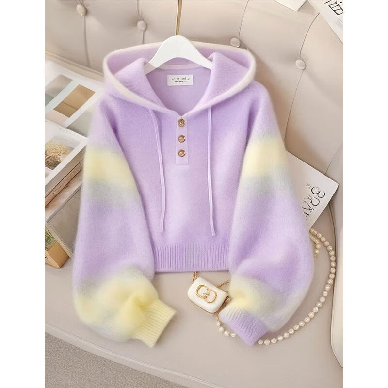 XiangDuoEr (XiangDuoEr) Korean purple loose lazy style high-end hooded sweater 2025 autumn new style casual knitted top Purple 3434# M recommended within 100 pounds