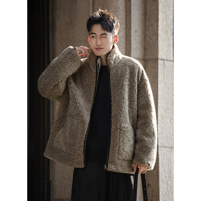 TonLion 2025 Winter Men's Stand Collar Contrast Color Trimmed Imitation Lamb Wool Thick Jacket