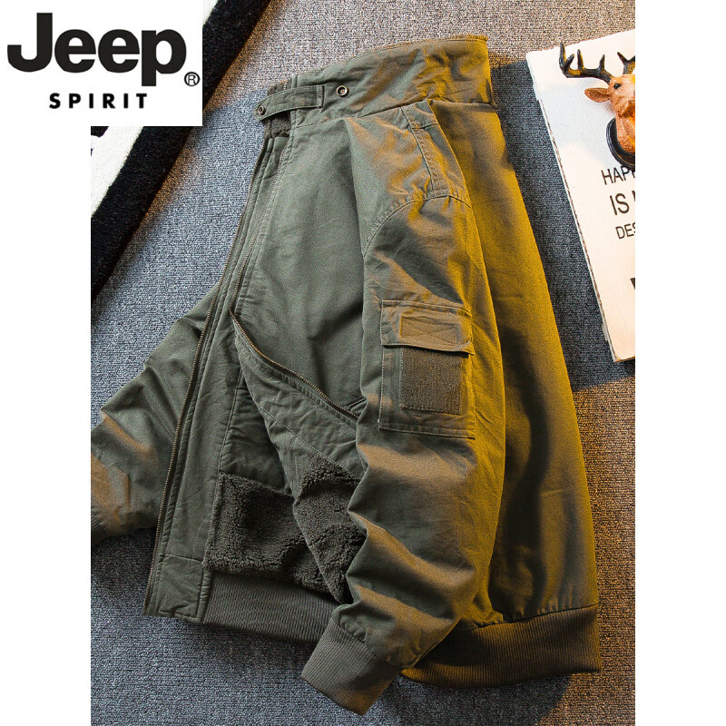 JEEP SPIRIT high-end lamb velvet stand-up collar workwear bomber jacket for men in autumn and winter warm plus velvet thickened cotton-padded jacket off-white M (95-115 pounds)