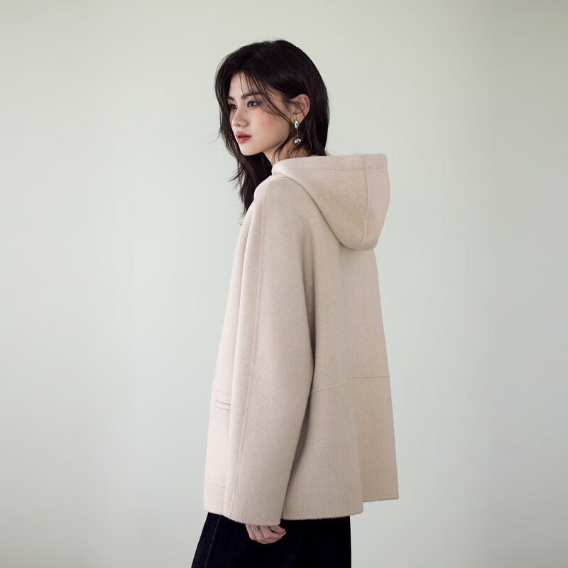 Eveli (eifini) Jiang Xin endorses wool cashmere hooded zipper coat one-hand long woolen coat 2025 winter soft velvet white mid-length sheep wool cashmere S 90-115 catties