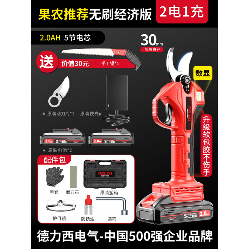 DELIXI gardening pruning electric shears, fruit tree shears, rechargeable branch pruning lithium battery, high-power gardening electric shears, digital display, fruit farmers 2.0Ah brushless economical version 2 electric 1 blade