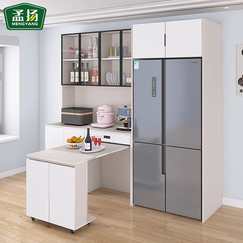 Mengyang sideboard and dining table integrated foldable living room household small apartment built-in refrigerator cabinet combination wall storage cabinet refrigerator cabinet + 4-door sideboard + folding dining table overall 18MM solid wood ecological board
