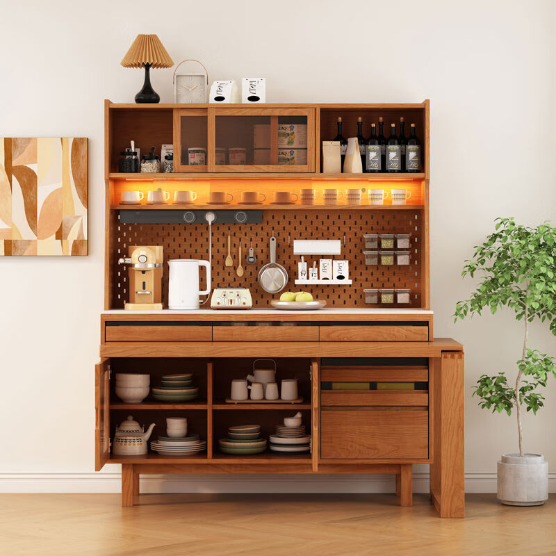 Jie Yu Mao solid wood sideboard rotating built-in sliding dining table integrated cabinet cherry wood wine cabinet living room wall storage cabinet living room 130 cherry wood table