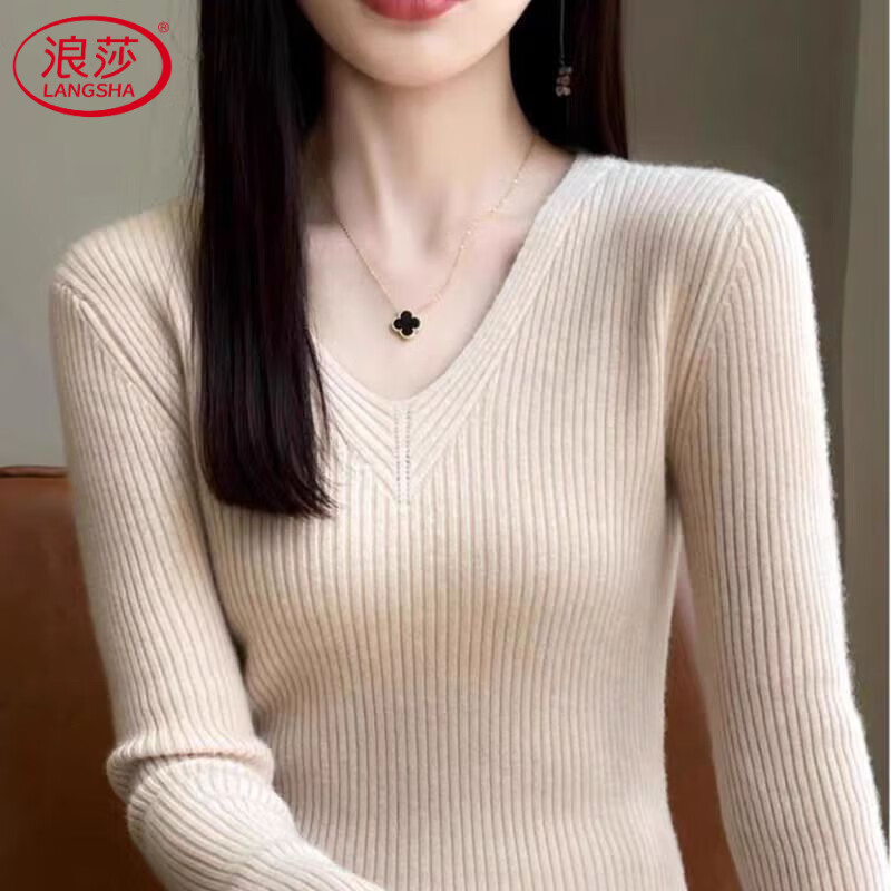 LangSha pure wool bottoming shirt for women new V-neck solid color low collar autumn and winter warm sweater slim knitted sweater off-white M recommended 95-110 pounds