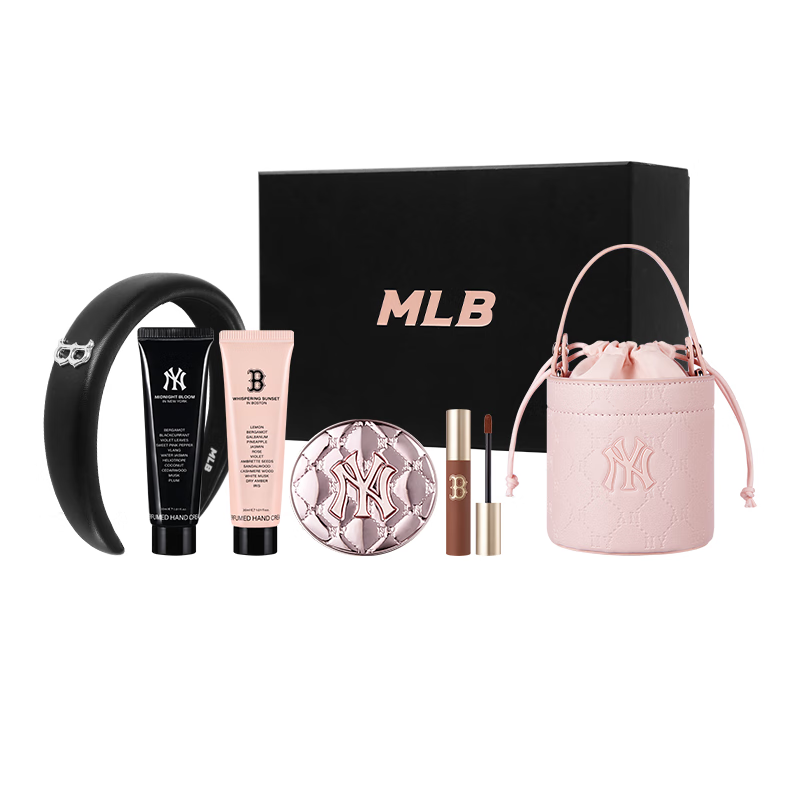 MLB Gilded Powder Limited Gift Box New and Old Flower Cushion #1N Natural White Skin Lip Cream NY Bucket Bag Christmas Gift
