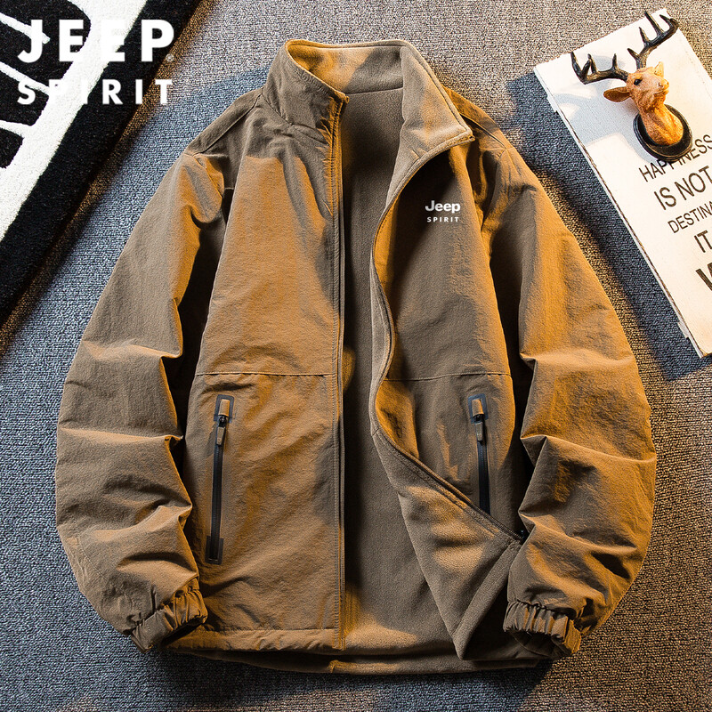 JEEP SPIRIT Jeep plus velvet thickened double-sided jacket men's autumn and winter warm polar fleece stand-up collar jacket camel XL