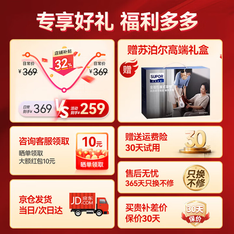 SUPOR cervical spine massager, shoulder, neck, waist and back pillow massager, fully automatic kneading whole body neck hot compress massage mat, birthday, annual party gift, New Year's gift for girls' parents