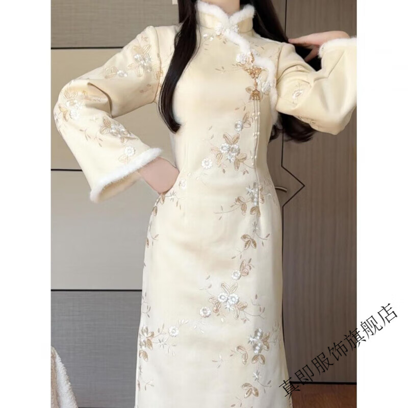 Zhenji Matcha 2025 Winter New Improved Cheongsam Embroidered Plus Velvet J Thickened Shu Mao Collar Female Model New Chinese Style Skirt Beige Cheongsam Embroidered Velvet Thickened M