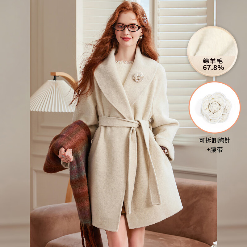 Bailuyu large lapel wool blended double-sided wool 25 new winter style elegant mid-length coat jacket for women beige M
