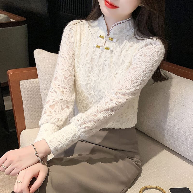Pierre Cardin lace bottoming shirt for women 2025 autumn and winter new style new Chinese style plus velvet thickened buckle western style inner top for women apricot full body plus velvet S recommended 80-90 pounds