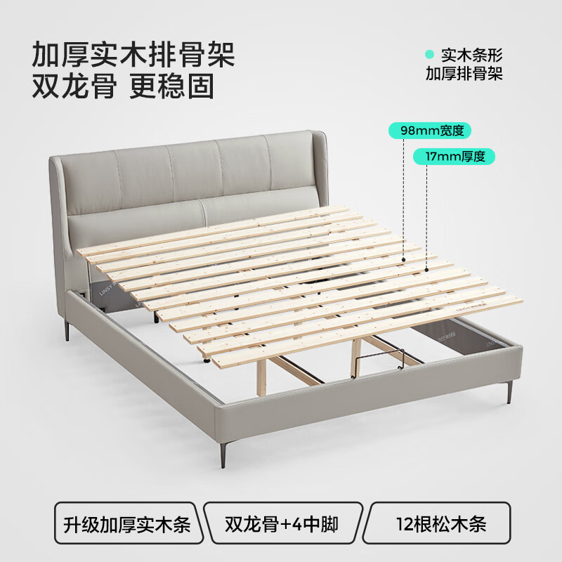 Lin's Home Furnishing Small Apartment Leather Art Bed Double Bed Large Bed High-End Atmosphere Double Upholstered Wedding Bed R722 Morning Gray | High Bed + Spine Protective Mattress + Bedside Table *1 1.5x2.0 Meters