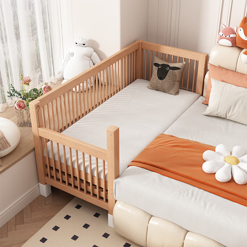 Intelligent Tree Beech Spliced Bed Crib Solid Wood Children's Bed Extra Wide Bedside Small Bed Flat Connected to Large Bed Adults Can Sleep Can Be Customized All Beech Wood Single Bedside Style + 7cm Removable and Washable Coconut Palm Latex Mat 180*70cm