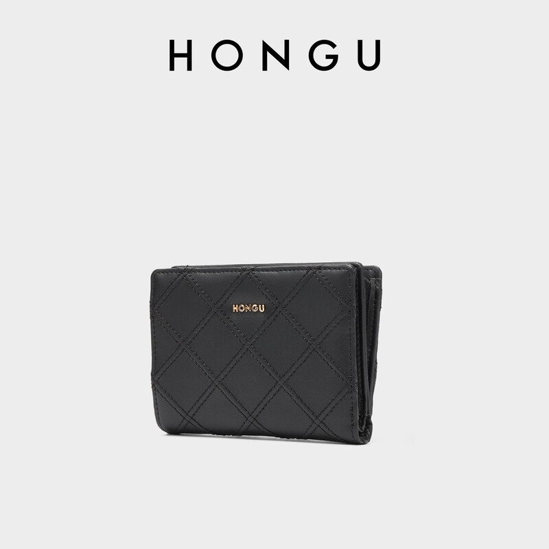 Honggu Bag Wallet New Cowhide Wallet Women's Short Wallet Fashion Diamond Coin Purse Wallet Women's New Year Gift Black