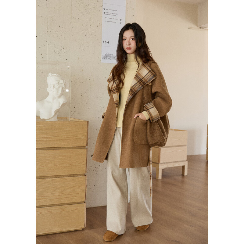 Mystery Show Two-Wear Plaid Double-sided Woolen Coat 2025 Autumn and Winter New Women's Autumn and Winter Retro Woolen Coat Mid-Length Brown Yellow Kagge Jacket S
