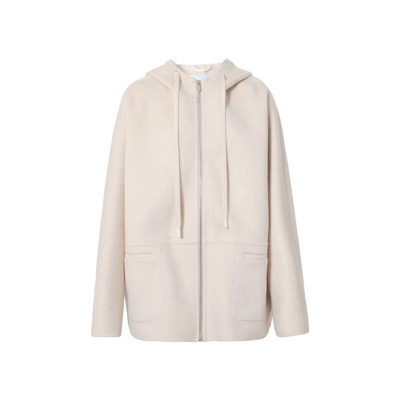 Eveli (eifini) Jiang Xin endorses wool cashmere hooded zipper coat one-hand long woolen coat 2025 winter soft velvet white mid-length sheep wool cashmere S 90-115 catties