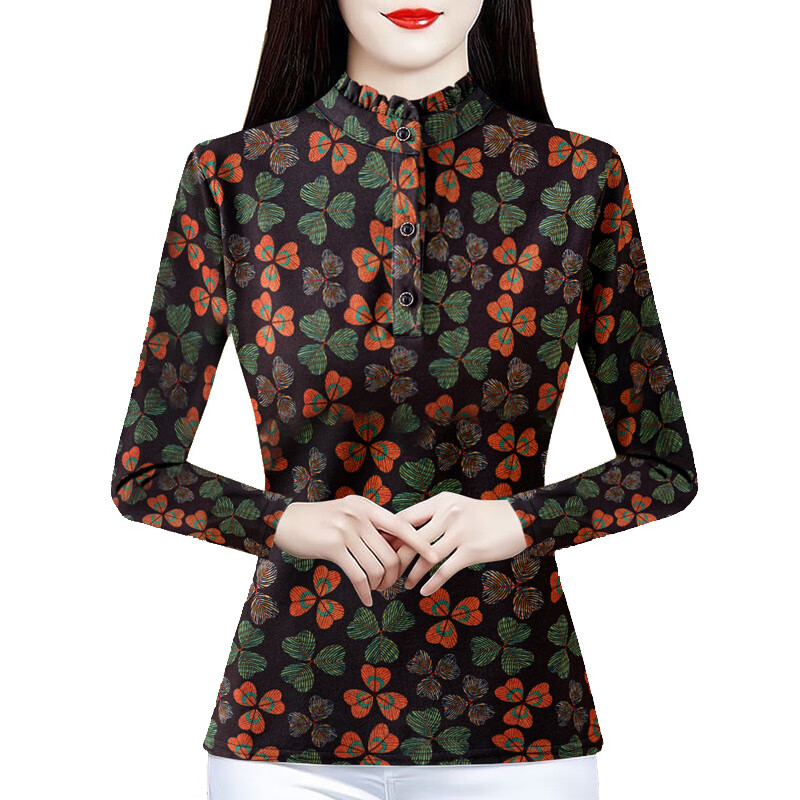 Orchid printed bottoming shirt women's 2025 autumn and winter new age-reducing temperament German velvet warm stand-up collar T-shirt tops coffee bottom printing M