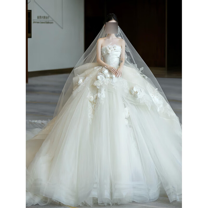 Xiaohanlu wedding dress bridal main yarn high-end French main 2025 new style tube top wedding going out yarn super fairy flower style light yarn floor-length style + wedding dress 3-piece set M recommended within 95 pounds