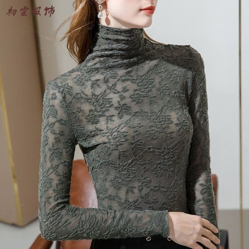 Mei'anjia Autumn and Winter New Fashionable and Western-style Turtleneck Bottoming Shirt for Women with Tight Lace Top, Versatile Long-sleeved T-shirt, Gray Green, Thin Section XL