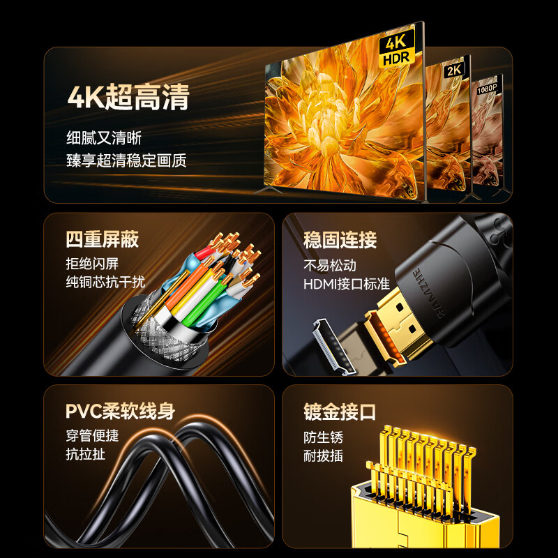 SAMZHE HDMI cable extension cable, high-definition 3D video cable, male to female conversion cable, computer to TV projector monitor cable, 3 meters black 30MN9