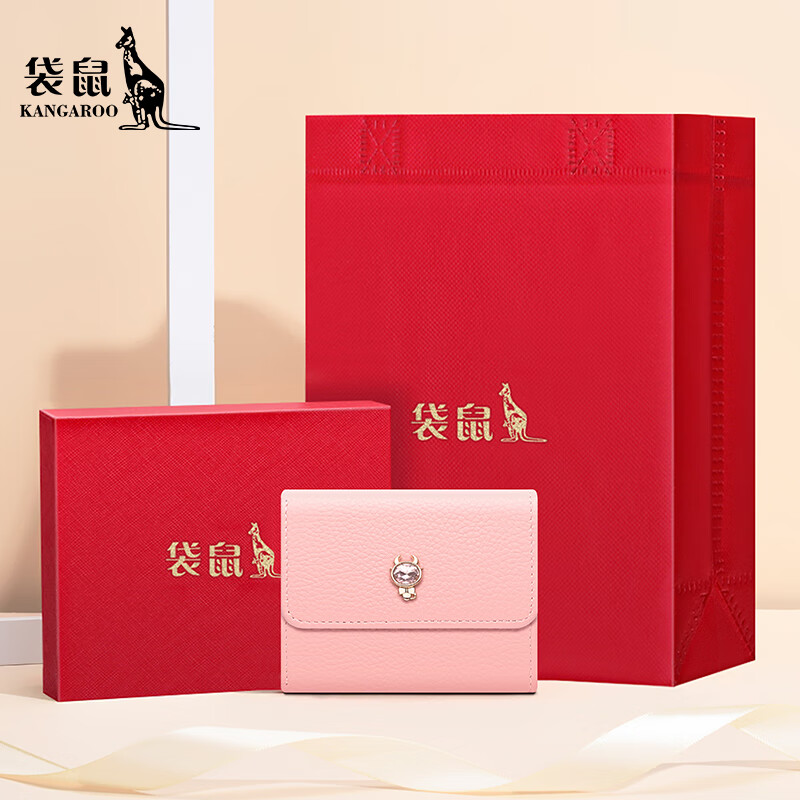 Kangaroo new women's wallet genuine leather new first-layer cowhide short wallet pink three-fold zodiac wallet card holder in one pink-dog