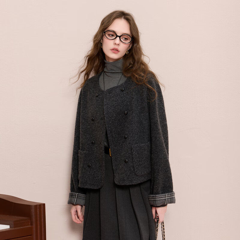 Tricolor Sheep Wool 2025 Winter New Style Fragrant Wool Coat Short Spliced Single Face Wool Jacket M Dark Gray M 160/84A