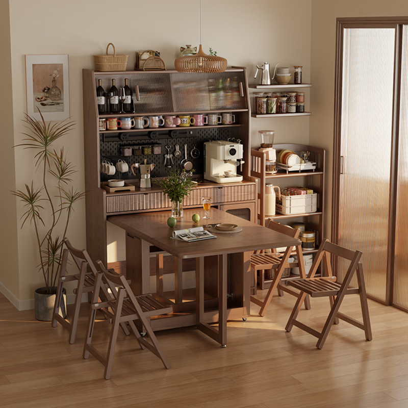 He Jiagong solid wood sideboard dining table integrated wall storage cabinet wine cabinet modern simple storage cabinet kitchen with dining table cabinet sideboard 120CM-walnut color