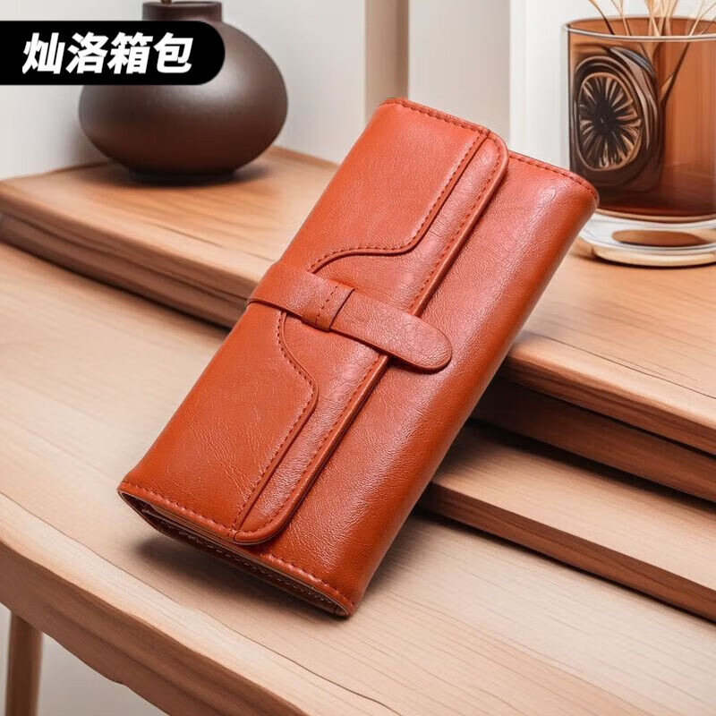 Ye Yu Ms. Wallet Long Oil Wax Leather Fashion Buckle Three-fold Solid Color Women's Multi-Card Slot Card Holder Simple Folding Wallet Pink
