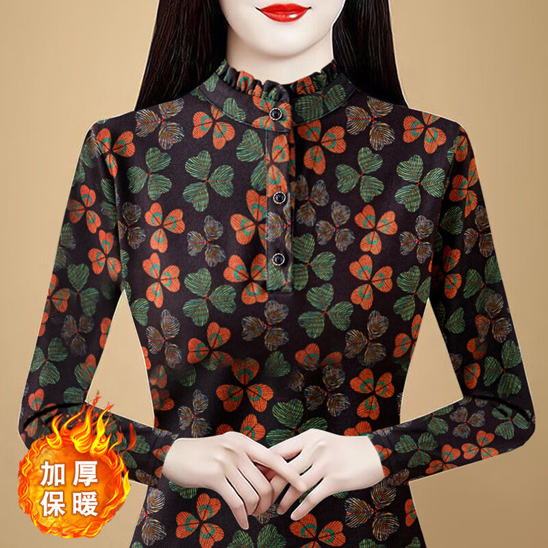 Orchid printed bottoming shirt women's 2025 autumn and winter new age-reducing temperament German velvet warm stand-up collar T-shirt tops coffee bottom printing M
