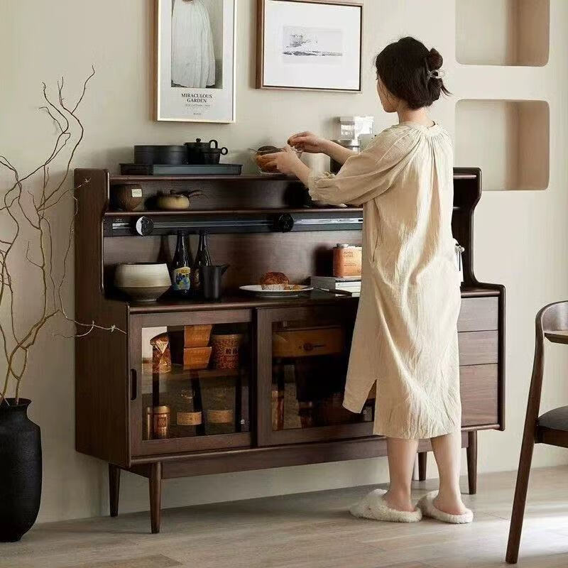 Kongjiang solid wood sideboard integrated wall cabinet mid-century style black walnut color multi-functional storage wine cabinet tea cabinet 120.40.117cm walnut color (with power track)