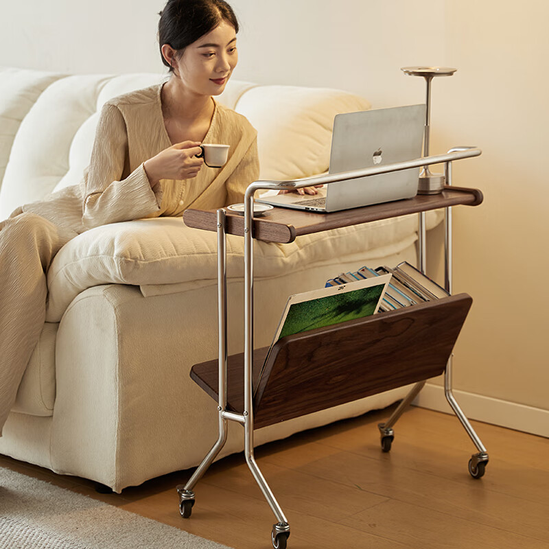 Mushi black walnut storage side table solid wood double-layer trolley bookshelf desk removable trolley coffee table storage rack ready stock black walnut storage trolley 680*320*780mm 1 piece