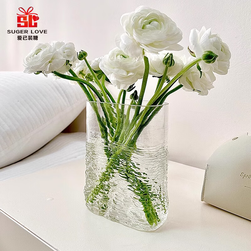 Love has been filled with sugar transparent water ripple 17cm glass art vase simulated flower hydroponic container living room decoration birthday gift
