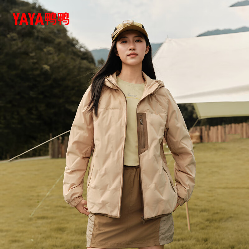 YAYA (YAYA) Huang Xiaoming same style light down jacket for men and women 2025 autumn and winter new short style hooded cold-proof duck down jacket khaki 2XL 185/100A