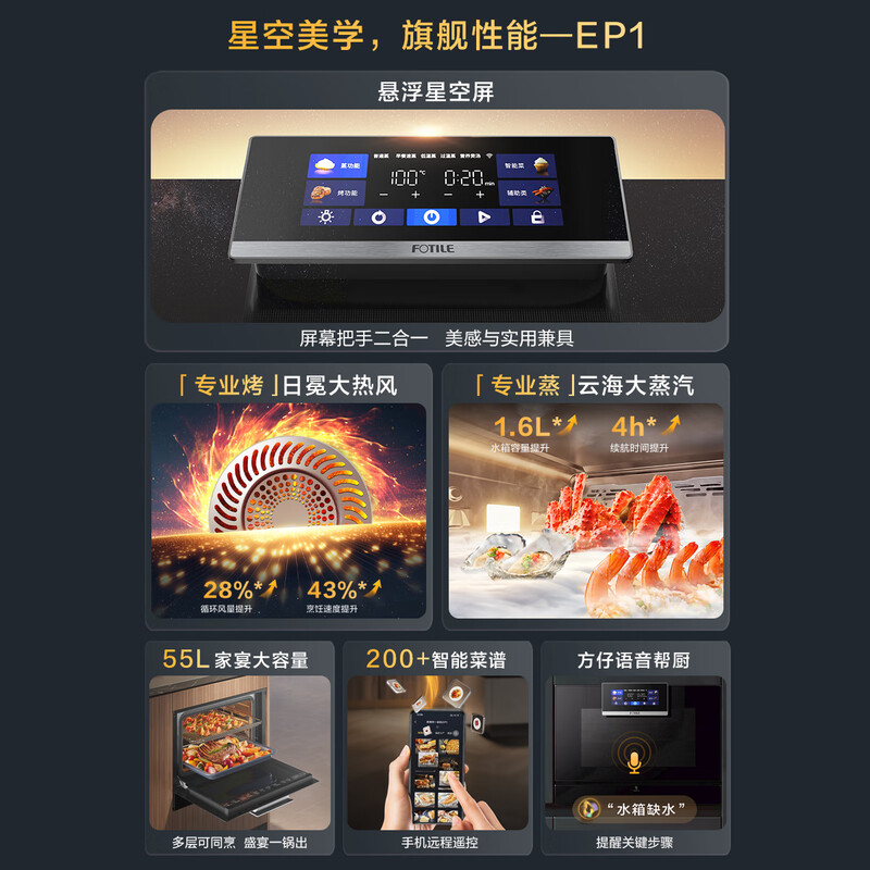 FOTILE Embedded Steam Oven EP1 55L Large Capacity Intelligent Steaming, Roasting, Stewing, Skimming and Frying All-in-one National Subsidy