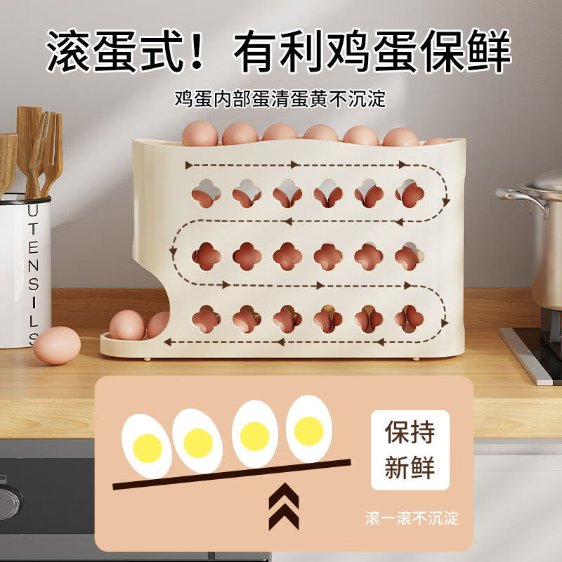 Erisi rolling egg storage box kitchen multi-layer oblique automatic egg rolling device refrigerator side door egg tray crisper cream color - 1 pack can hold about 30 eggs