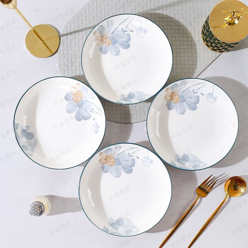 Taixige New High-Looking Exquisite Underglaze Colored Ceramic Tableware Anti-scalding Internet Celebrity Rice Bowl Dinner Plate Thickened New Ceramic Tableware Ningxiang Series Underglaze Colored Ceramic Tableware 6.5-inch Round Plate 10 Pack