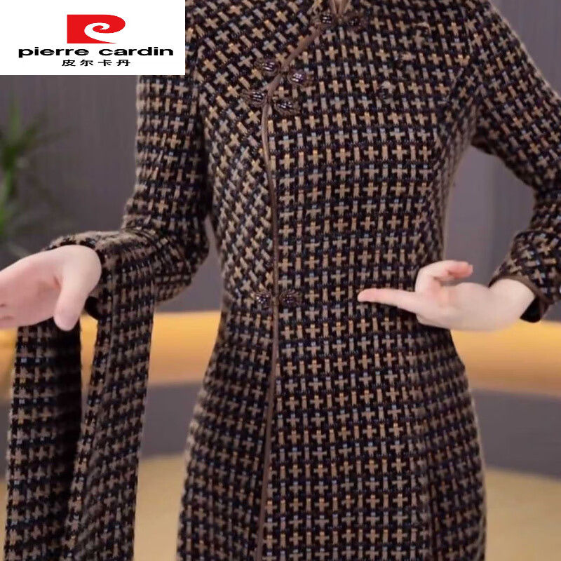 Pierre Cardin (Pierre Cardin) Western-style one-piece velvet improved cheongsam dress autumn and winter new new Chinese style warm and slimming cheongsam dress for middle-aged mothers 1085# Elegant coffee color non-wool + back zipper XL 115-125 pounds Please see details when placing an order