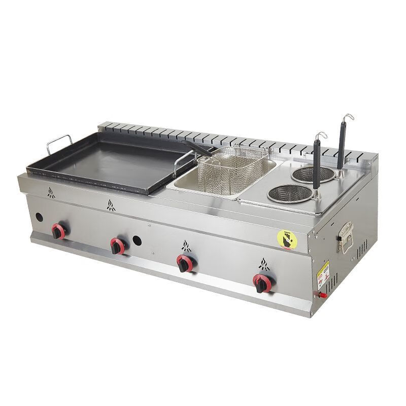 Tereside gas pot sticker machine, commercial stall, Teppanyaki hand cake, pan-fried bun, deep-fried combination machine, fried dumpling and potato cake machine, 73 pot sticker machine, double pot + oden + noodles