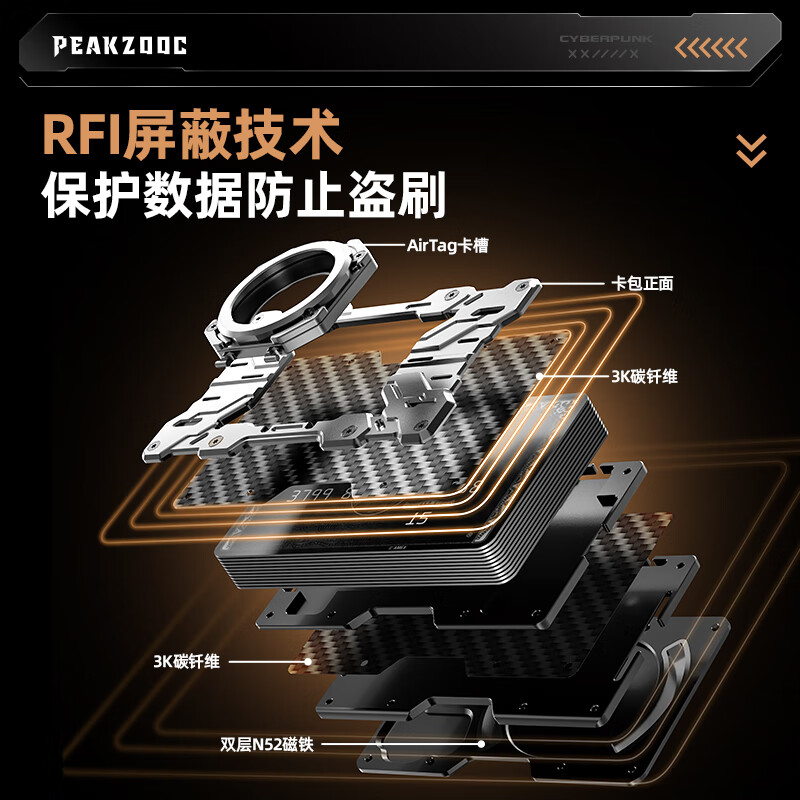 PEAKZOOC Carbon Fiber Anti-Theft Brush Multifunctional Magnetic Metal Card Holder MagSafe Magnetic Holder Men's Document Storage Card Bag Outdoor Men's Wear Silver Card Belt Lanyard Xuanwu Black MagSafe Magnetic Anti-Theft Brush