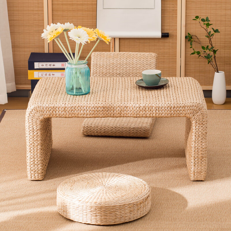 Jingmu Huanian simple solid wood straw woven rattan tatami coffee table bay window table tea ceremony low table rectangular small table balcony floor table extra large coffee table (120 cm) fully assembled