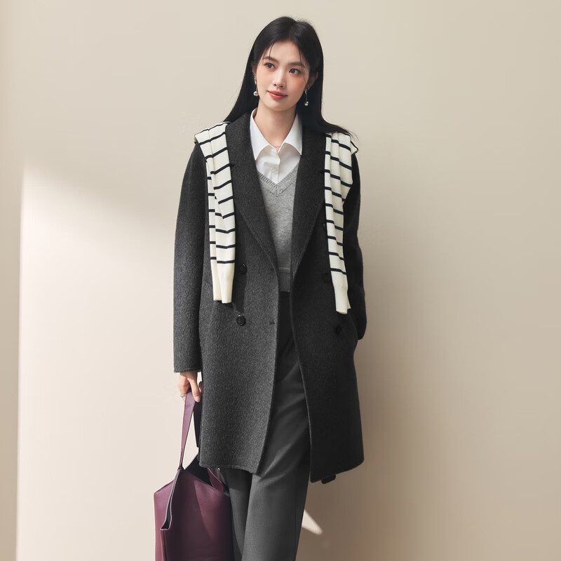 Eveli Jiang Xin word-of-mouth coat camel velvet silk double placket waist double-sided woolen coat women's autumn new style dark gray mid-length knee-length S