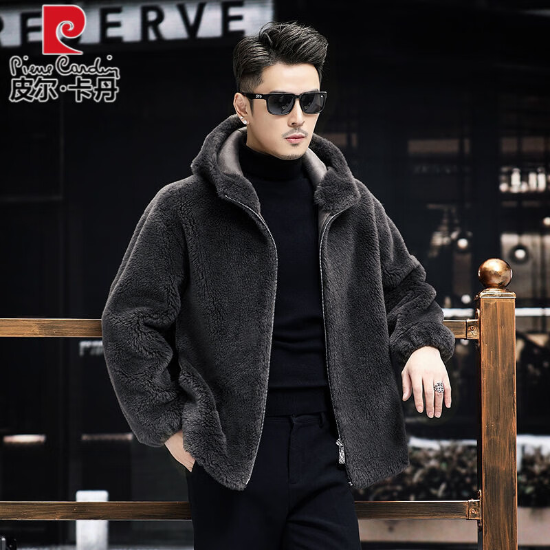 Pierre Cardin 100% Sheep Shear Coat Men's Genuine Sheep Fur All-in-One Reversible Lamb Fur Jacket Hooded Warm Winter Clothes Dark Gray M About 100 Jin
