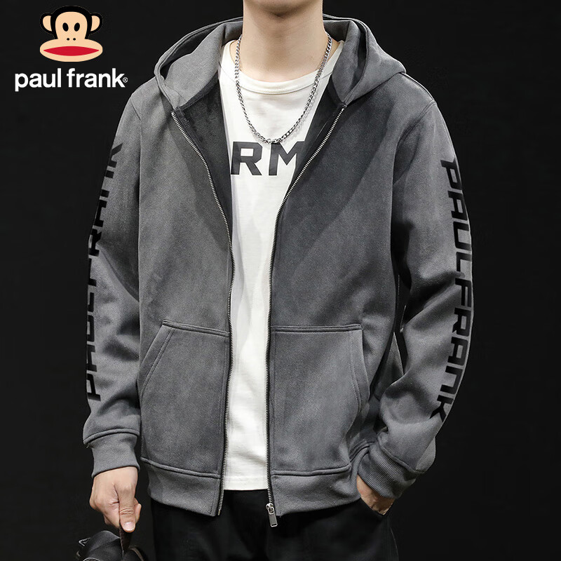 Paul Frank Jacket Men's Spring and Autumn American Jacket Men's Trendy Brand Hooded Cardigan Sweatshirt Men's Top Dark Gray XL