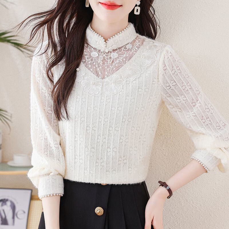 Xia Dian Suding Queen (SE.PSTP) New Chinese Style Stand Collar Long Sleeve Lace Bottoming Shirt Autumn and Winter New Retro Chic Velvet Thickened Inner Top Fashionable Apricot (Fellow) New 2400# Thickened XL 110-120 Jin