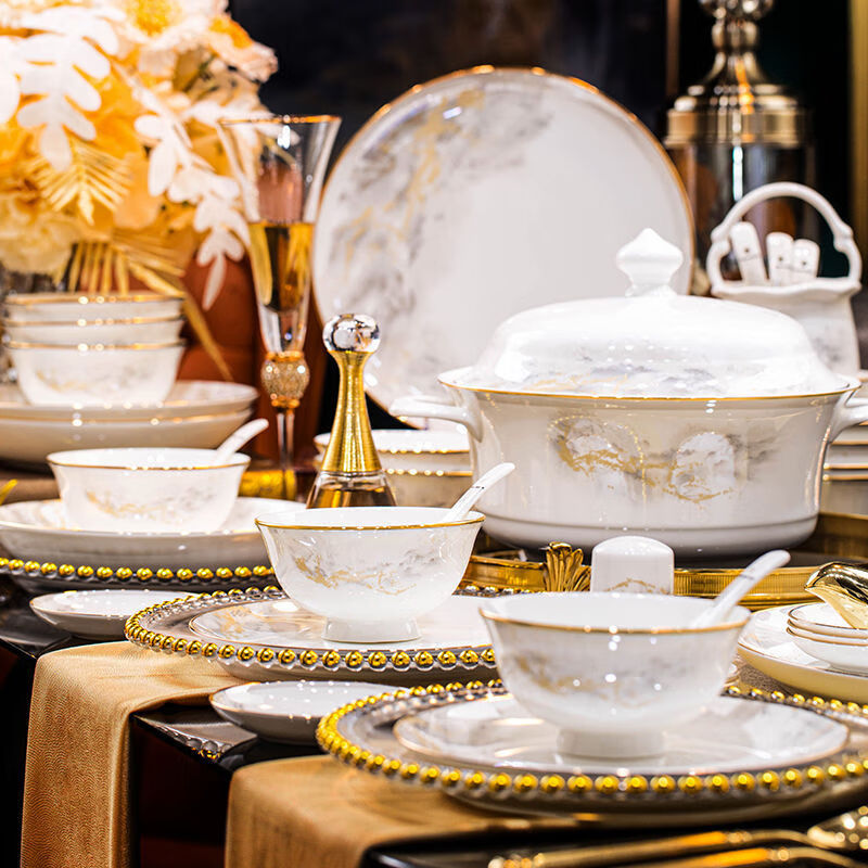 Yongxia bowl and dish set household light luxury ceramic complete tableware Jingdezhen bowl and dish set complete set of high-end bowls and chopsticks for housewarming Dahao Jiangshan 36-head soup bowl configuration