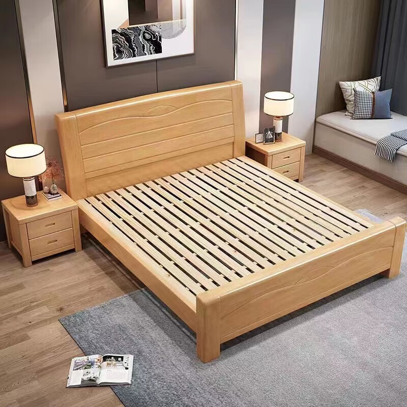 Hengyu beech solid wood bed simple log style 1.5m mortise and tenon structure large bed master bedroom 1.8m wedding bed storage bed beech single bed 1.5x2m frame style